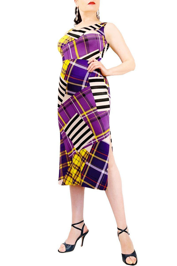 abstract plaid tango dress with side slit - Atelier Vertex