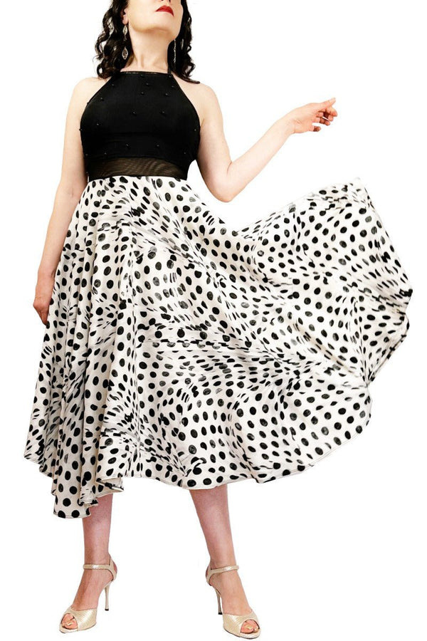 black pearls & dots full skirt maxi tango dress with slit - Atelier Vertex