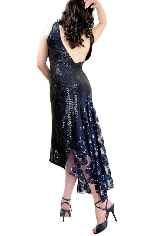 blue sequin & lace LOLA tango dress with open back and tail - Atelier Vertex