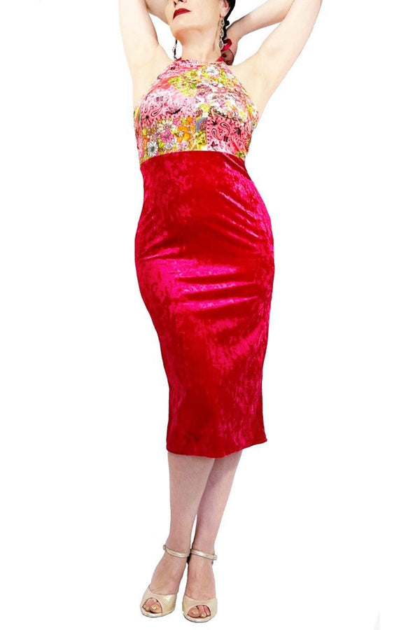 cardinal red velvet halter tango dress with back slit - Atelier Vertex