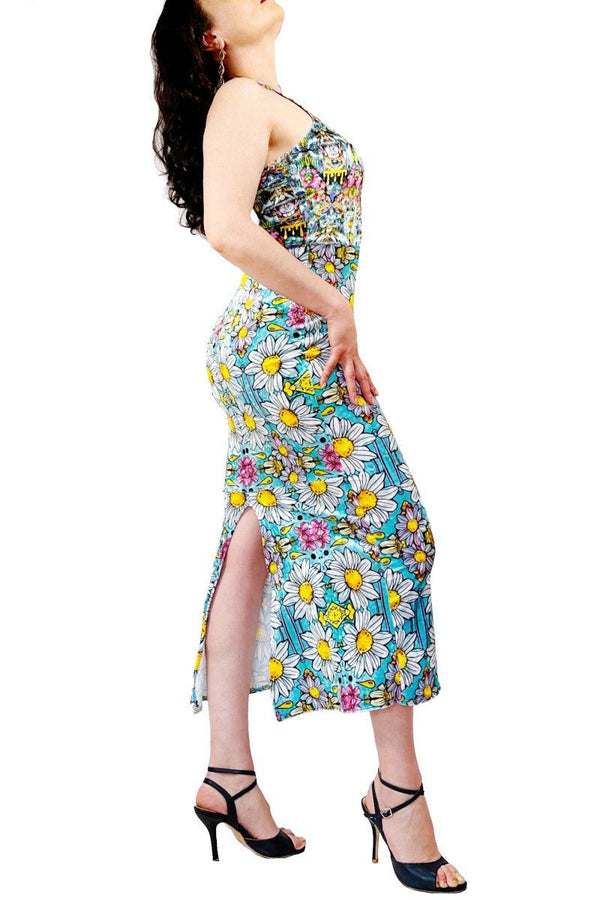 fun daisies velvet halter tango dress with back slit - Atelier Vertex