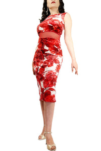 red flower velvet tango dress with mesh waistband - Atelier Vertex