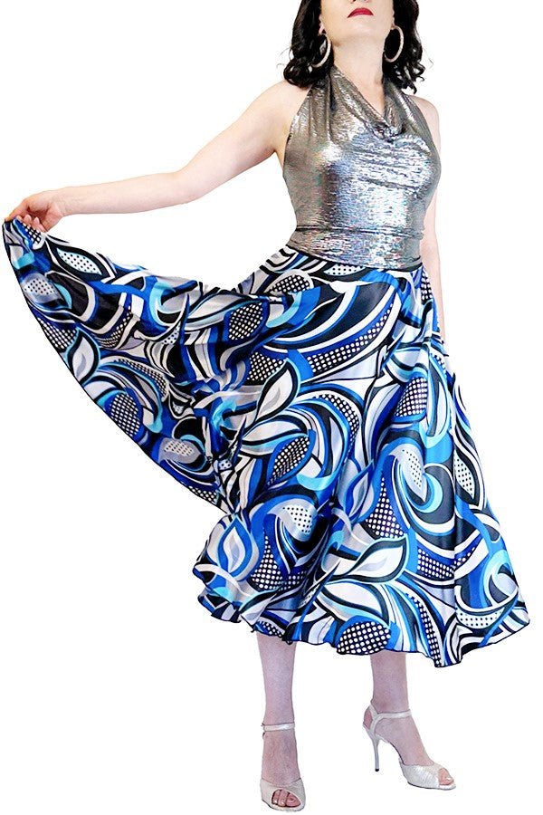 abstract blue satin full circle skirt with slits - Atelier Vertex