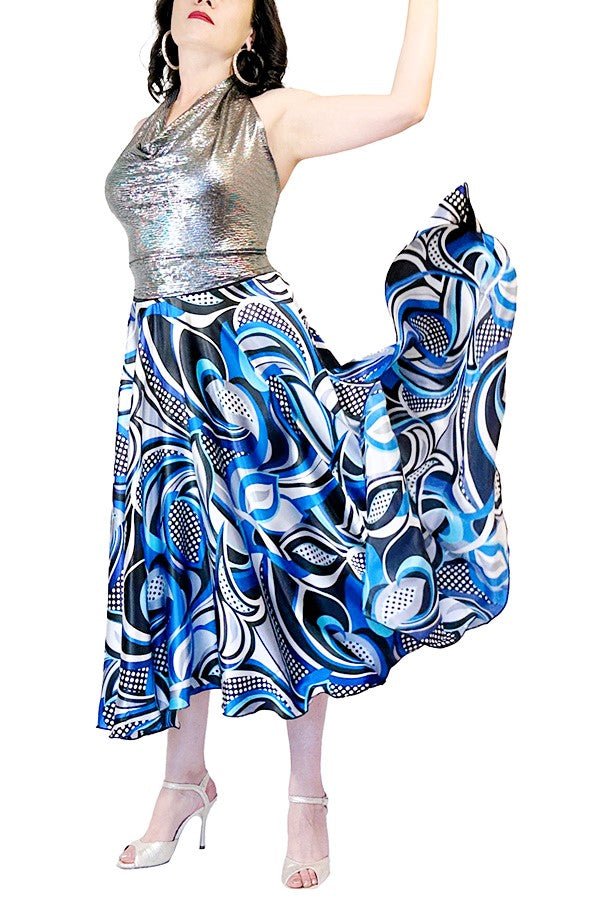 abstract blue satin full circle skirt with slits - Atelier Vertex