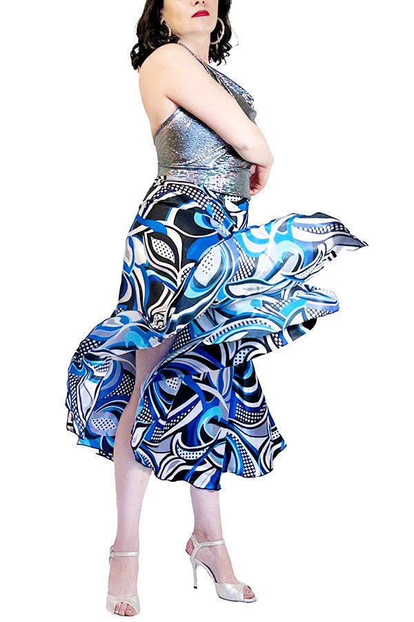 abstract blue satin full circle skirt with slits - Atelier Vertex