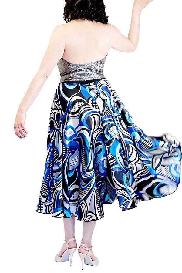 abstract blue satin full circle skirt with slits - Atelier Vertex