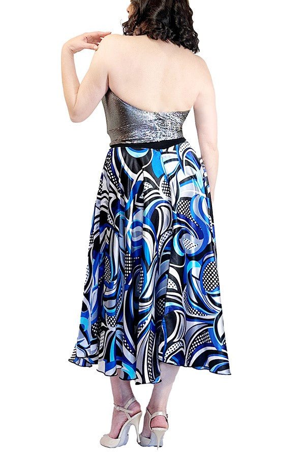 abstract blue satin full circle skirt with slits - Atelier Vertex