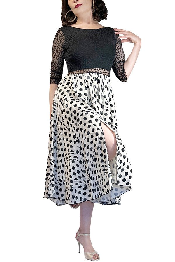 abstract dots full skirt maxi tango dress with slit - Atelier Vertex