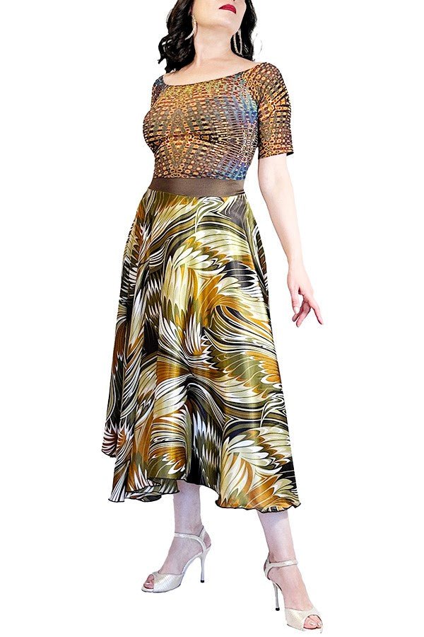 abstract print satin full circle skirt with slits - Atelier Vertex