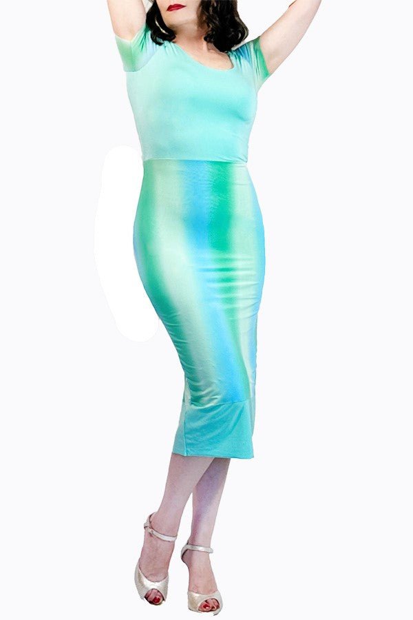 aqua ombre tango dress with back slit and cap sleeves - Atelier Vertex