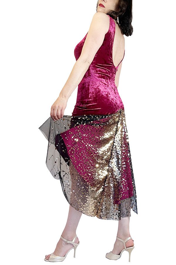 berry velvet & sequin LOLA tango dress with open back and tail - Atelier Vertex