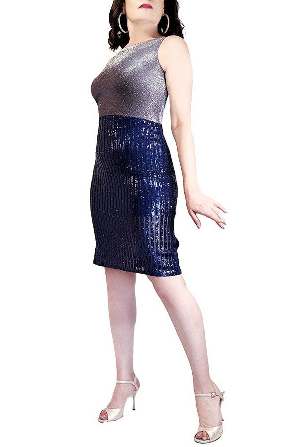 blue sequin & shimmer tango dress with open back and back slit - Atelier Vertex