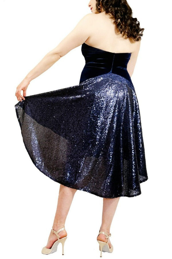 blue velvet & sequin tail halter tango dress with open back - Atelier Vertex