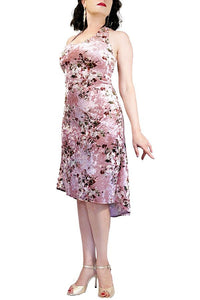 blush pink & floral velvet halter tango dress with open back and tail - Atelier Vertex