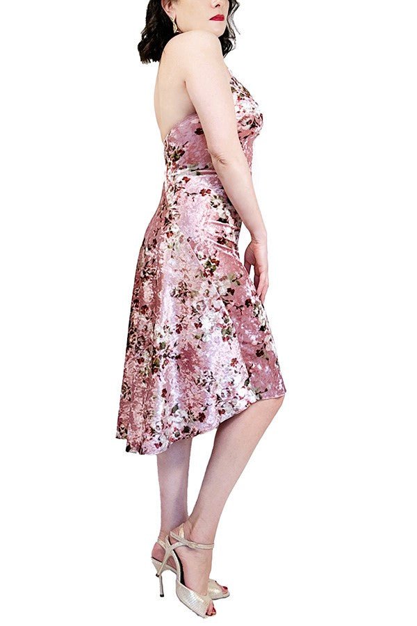 blush pink & floral velvet halter tango dress with open back and tail - Atelier Vertex