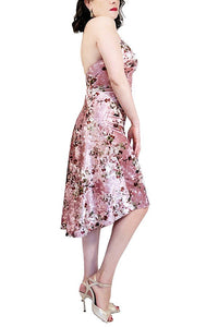 blush pink & floral velvet halter tango dress with open back and tail - Atelier Vertex