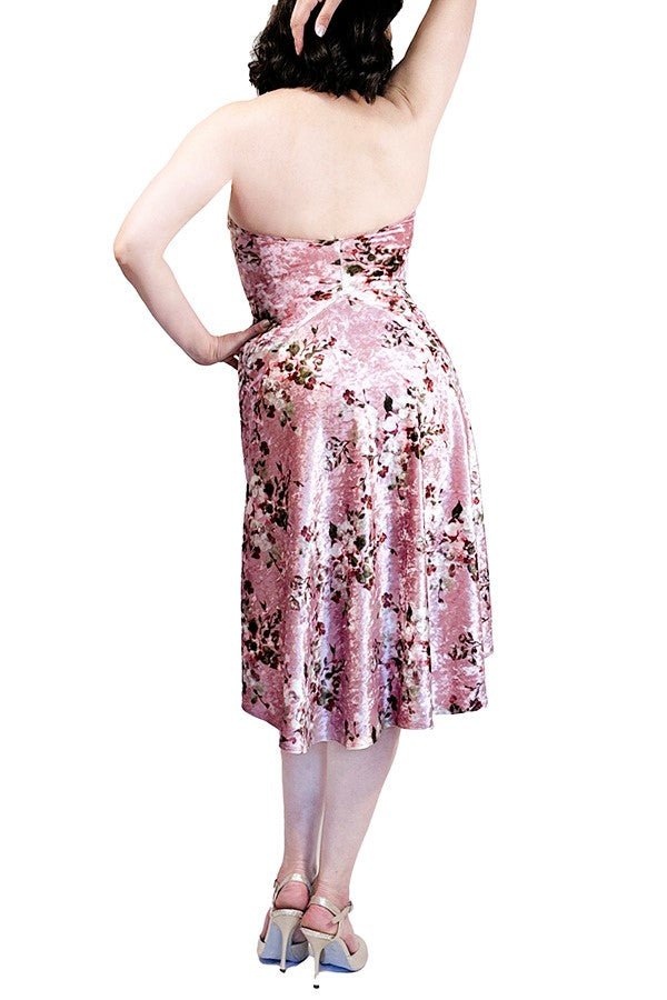 blush pink & floral velvet halter tango dress with open back and tail - Atelier Vertex