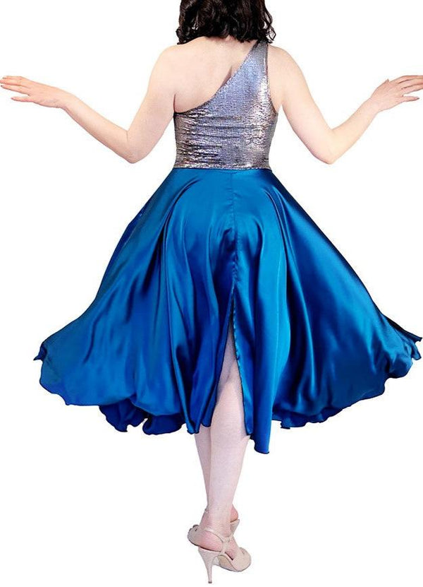 brilliant teal satin full circle skirt with slits - Atelier Vertex