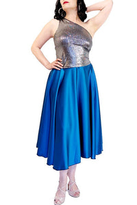 brilliant teal satin full circle skirt with slits - Atelier Vertex