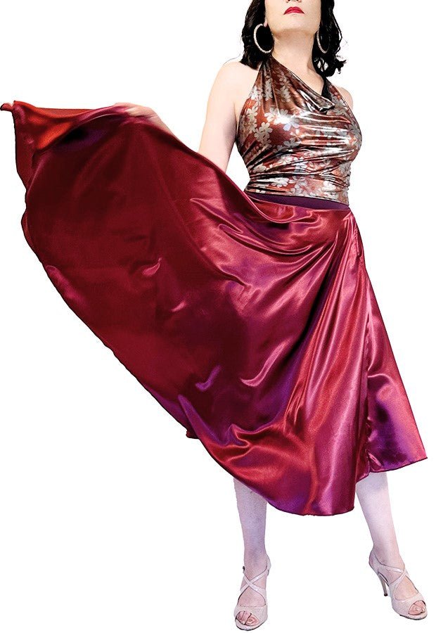 burgundy satin full circle skirt with slits - Atelier Vertex