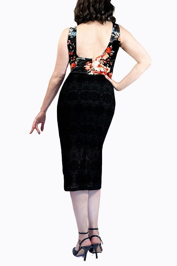 floral & black velvet tango dress with back slit - Atelier Vertex