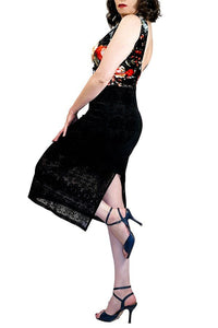 floral & black velvet tango dress with back slit - Atelier Vertex