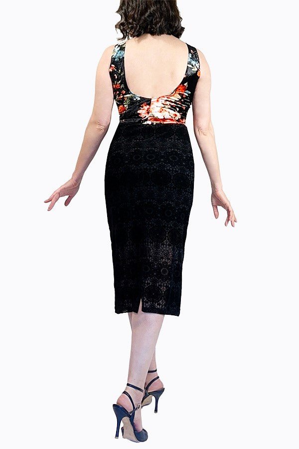 floral & black velvet tango dress with back slit - Atelier Vertex