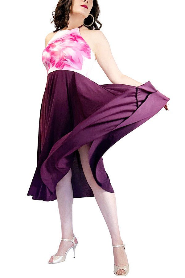 pink flower full skirt tango dress with slit - Atelier Vertex