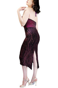 pink shimmer & diamonds halter tango dress with back slit - Atelier Vertex