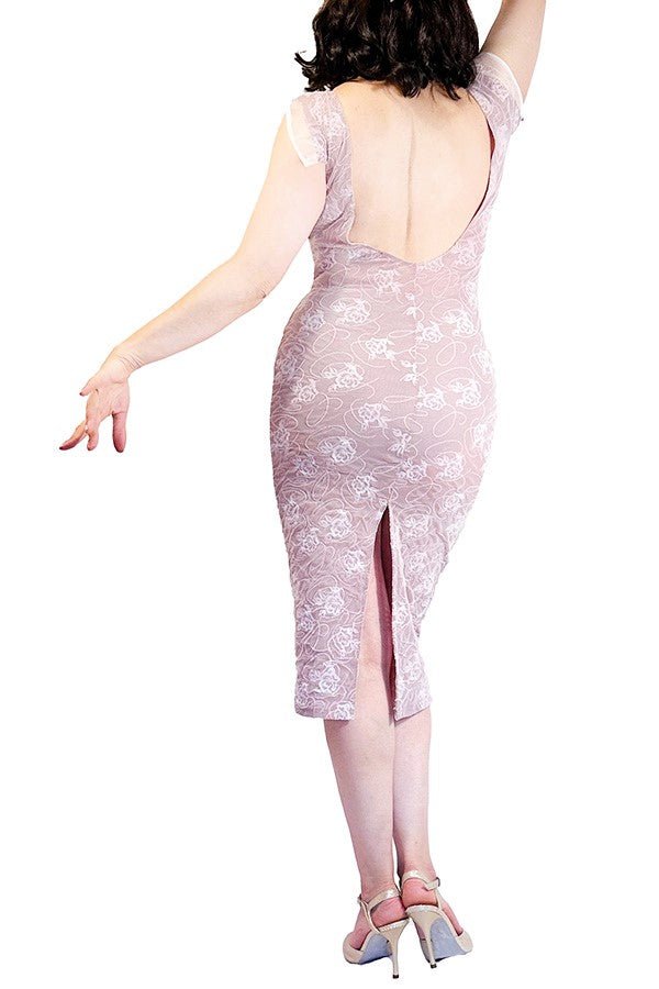 pink whisper lace tango dress with open back and back slit - Atelier Vertex