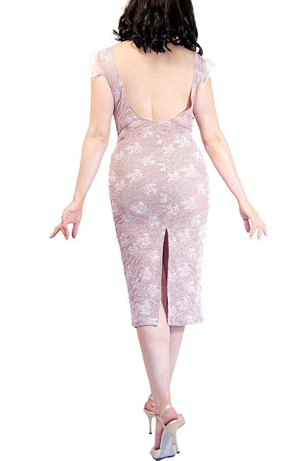 pink whisper lace tango dress with open back and back slit - Atelier Vertex