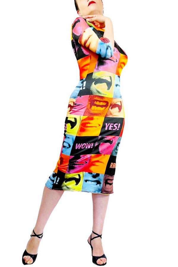 pop art scream tango dress with back slit & sleeves - Atelier Vertex