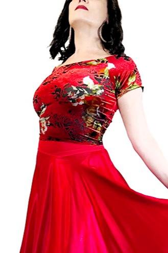 red floral burnout velvet tango top with sleeves - Atelier Vertex