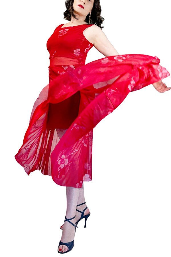 red & flowers maxi tango dress with sheer waistband - Atelier Vertex