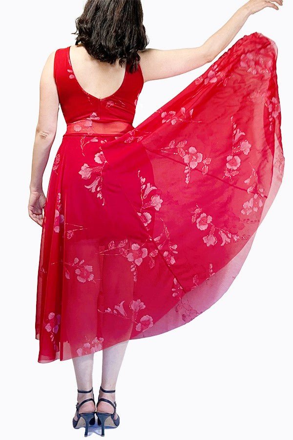 red & flowers maxi tango dress with sheer waistband - Atelier Vertex
