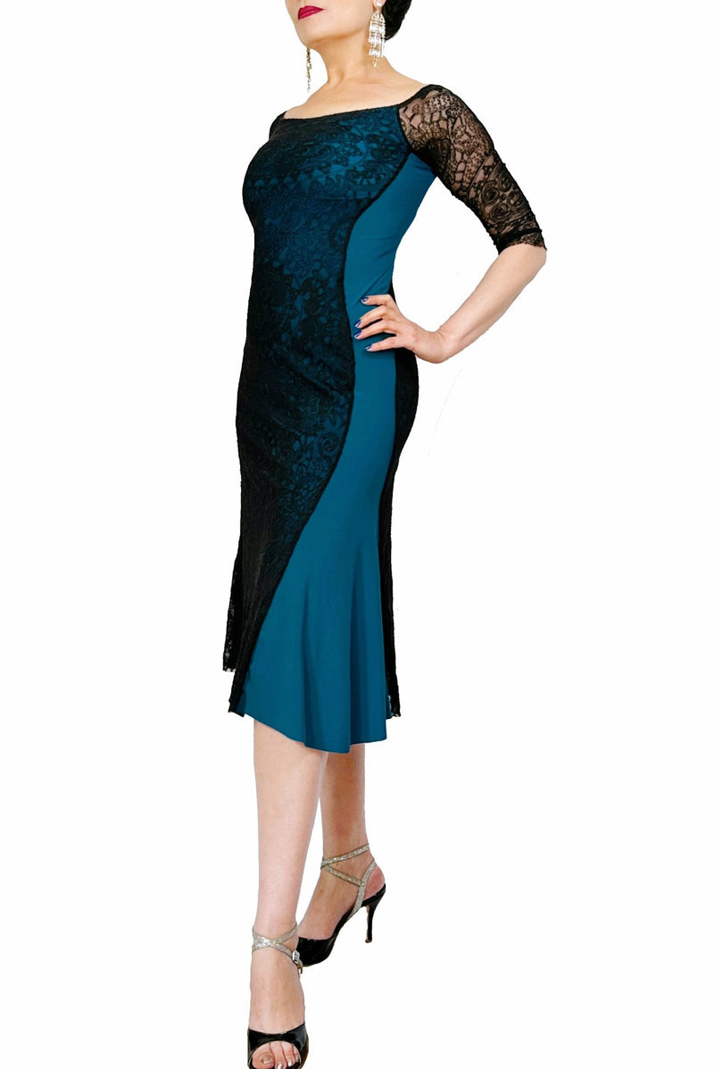 black lace & teal hourglass tango dress with sleeves