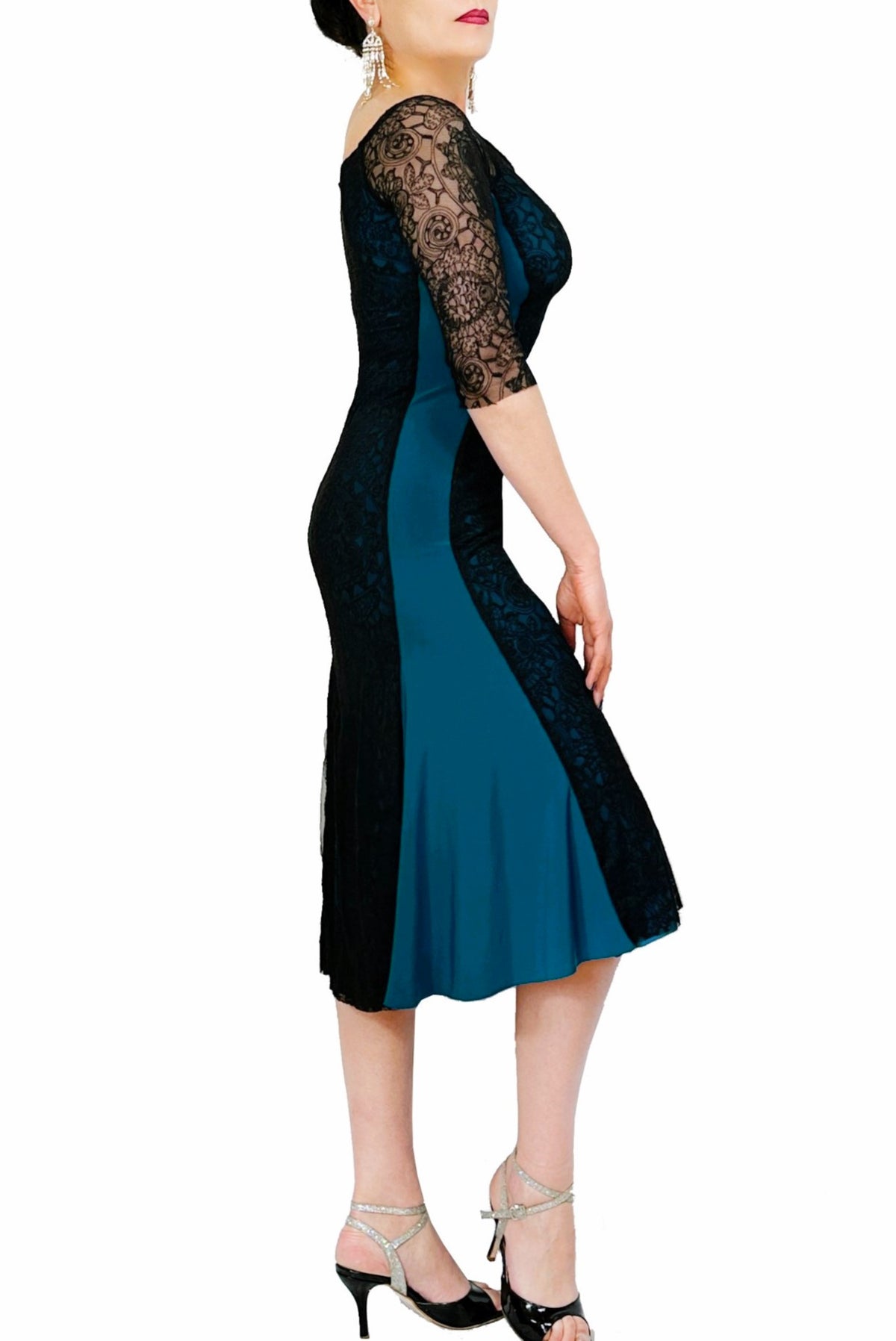 black lace & teal hourglass tango dress with sleeves