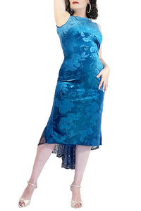 turquoise velvet & sequin LOLA tango dress with open back and tail - Atelier Vertex