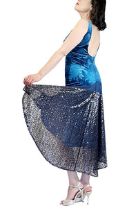 turquoise velvet & sequin LOLA tango dress with open back and tail - Atelier Vertex