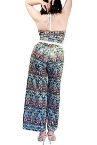 vintage print velvet wide - leg tango jumpsuit with adjustable ankle ties - Atelier Vertex