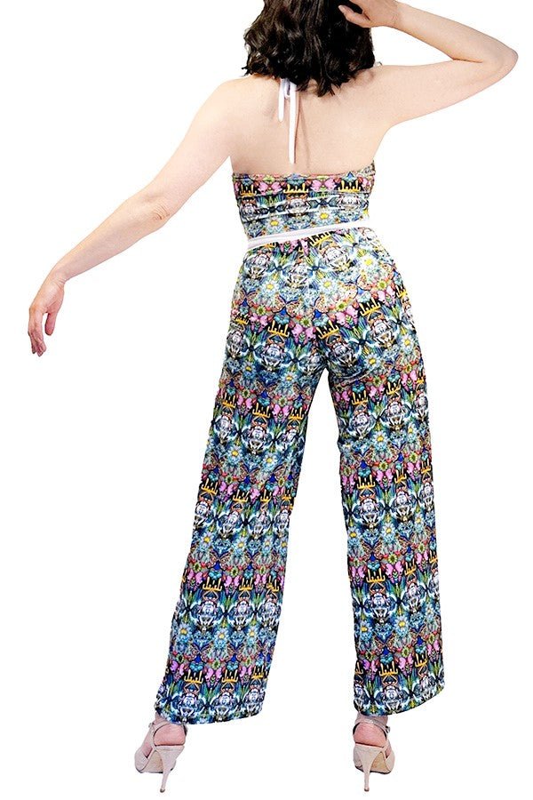 vintage print velvet wide - leg tango jumpsuit with adjustable ankle ties - Atelier Vertex