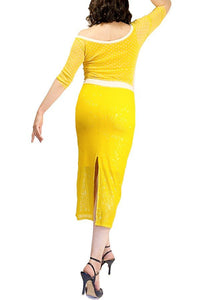 yellow sequin & dots tango dress with back slit and sleeves - Atelier Vertex