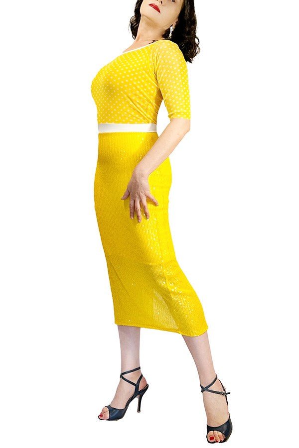 yellow sequin & dots tango dress with back slit and sleeves - Atelier Vertex