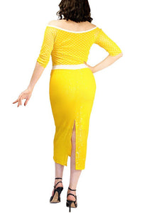 yellow sequin & dots tango dress with back slit and sleeves - Atelier Vertex