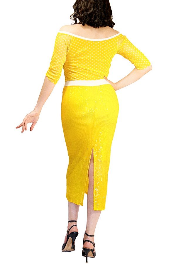 yellow sequin & dots tango dress with back slit and sleeves - Atelier Vertex