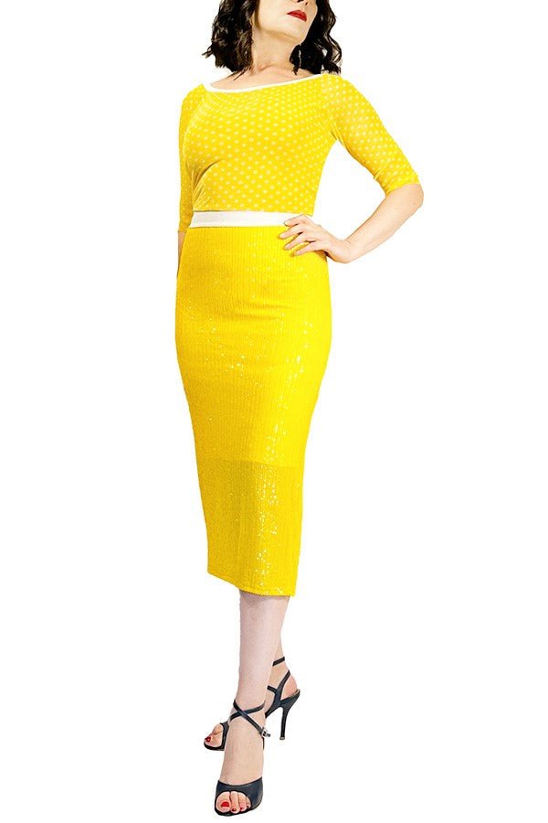 yellow sequin & dots tango dress with back slit and sleeves - Atelier Vertex