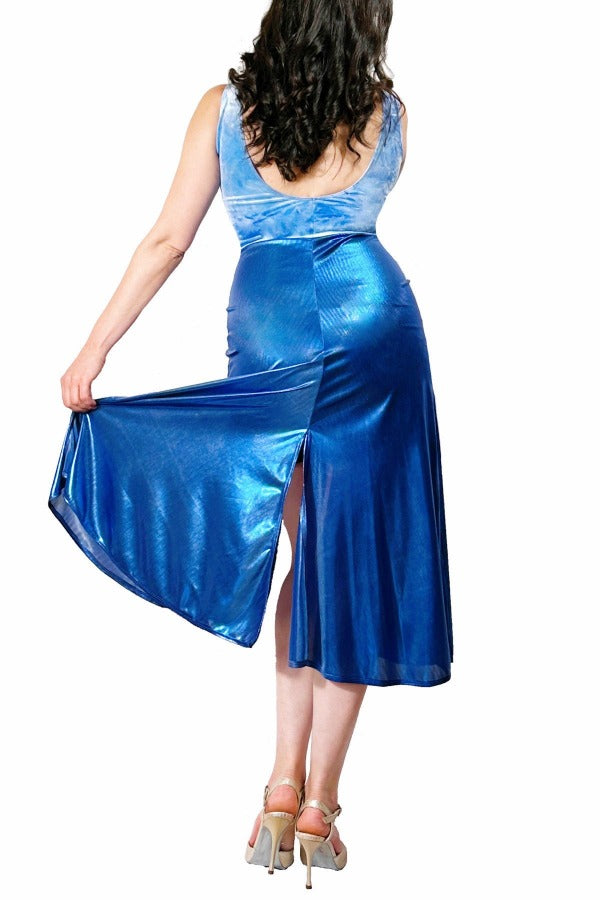 blue cloud velvet & lame STELLA tango dress with slits - Atelier Vertex