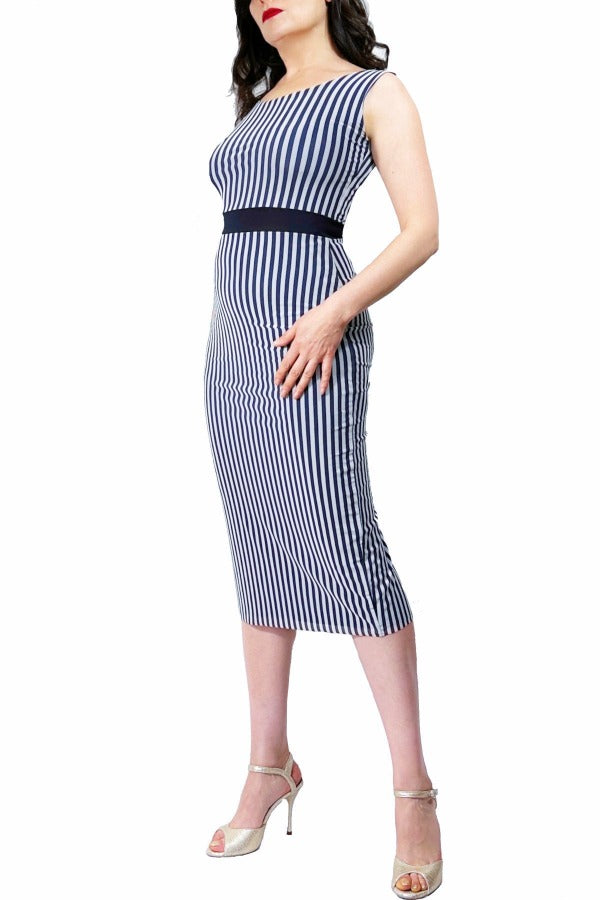 blue stripe mesh tango dress with back slit - Atelier Vertex