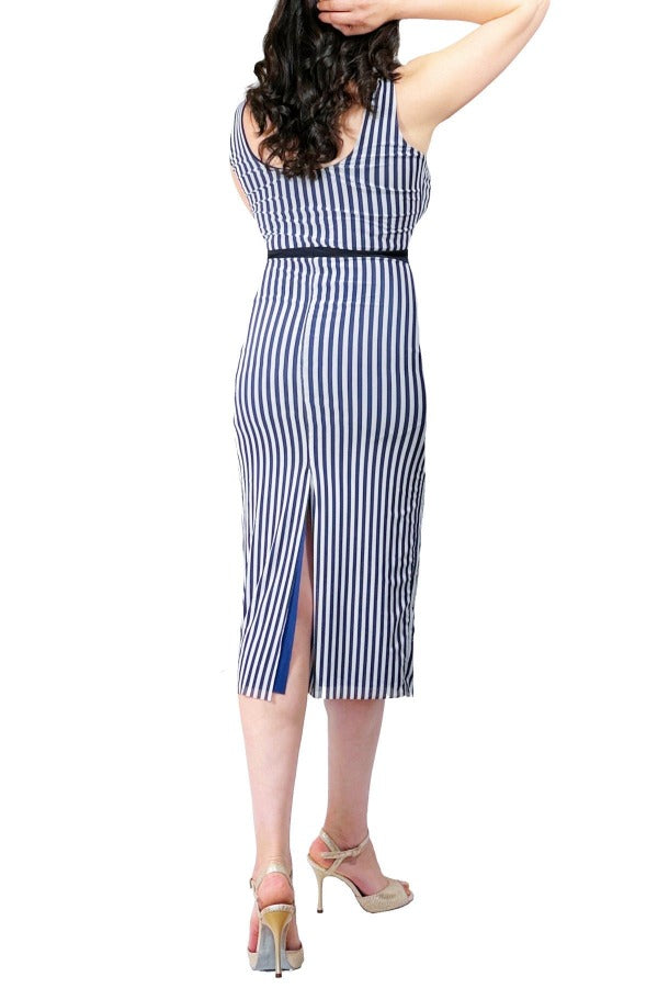 blue stripe mesh tango dress with back slit - Atelier Vertex