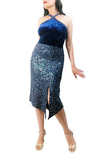 blue velvet and sequin confetti tango dress with slits - Atelier Vertex